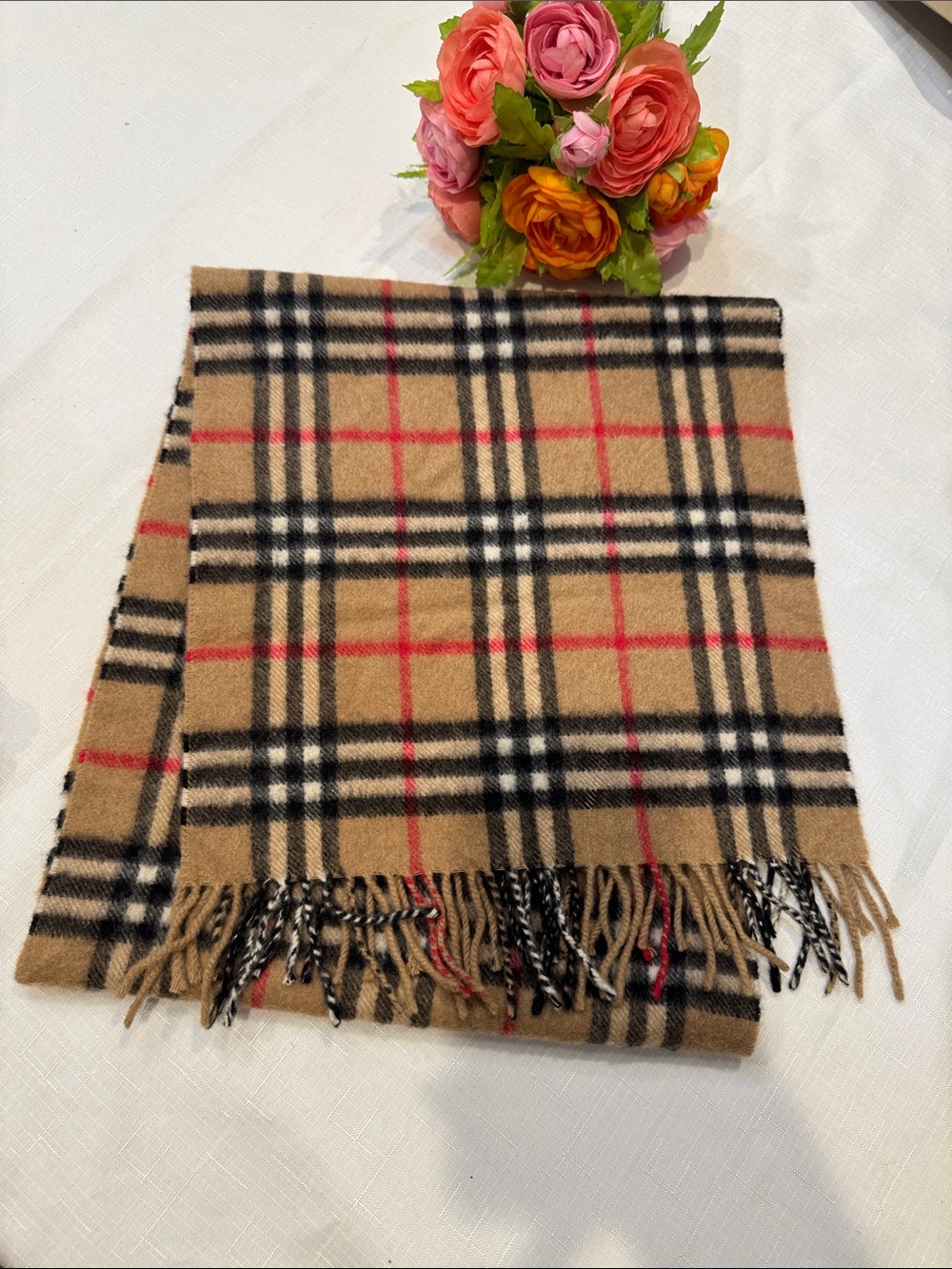 Authentic Burberry Beige Plaid Scarf with Black & Red Checks